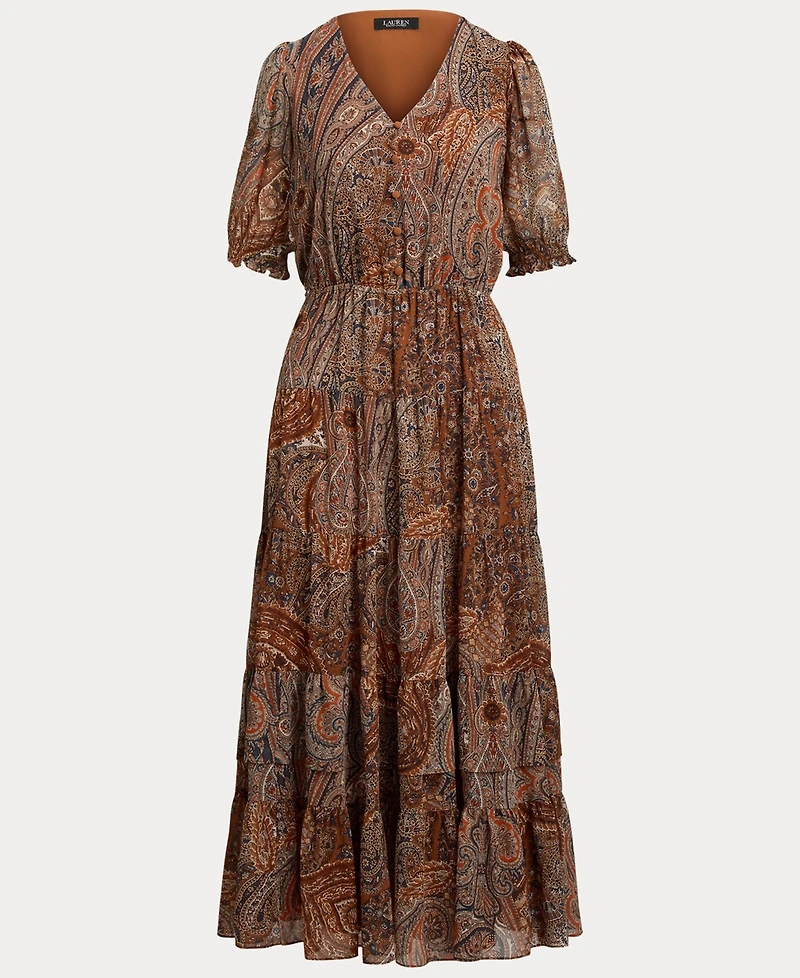 Lauren Ralph Women's Crinkle 58-Jeho Puffed Sleeve Georgette Dress