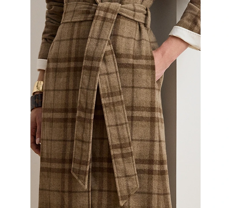 Lauren Ralph Women's Plaid Wool Blend Twill Wrap Coat