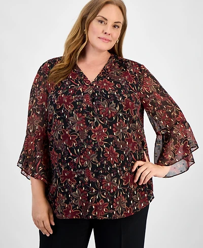 Jones New York Plus Printed V-Neck Flutter-Sleeve Top