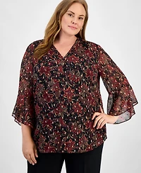 Jones New York Plus Printed V-Neck Flutter-Sleeve Top