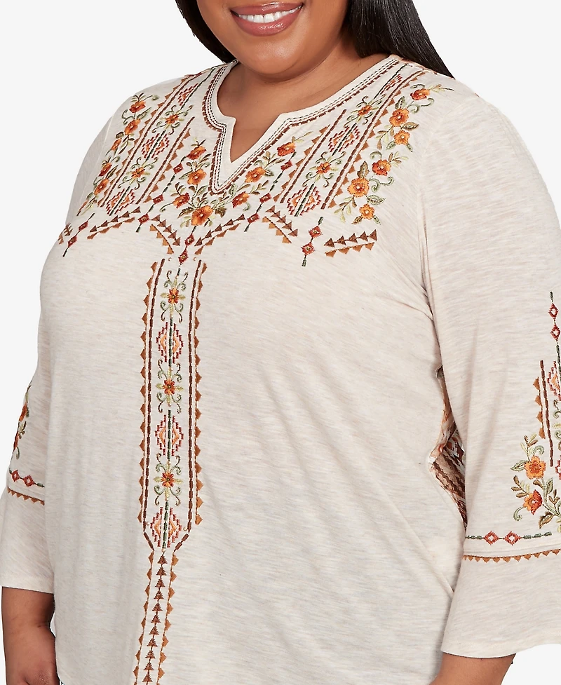 Alfred Dunner Plus Mount Laurel Geometric Floral Embroidery Printed Top