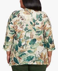 Alfred Dunner Plus Mount Laurel Abstract Leaf Sharkbite Hem Pull On Top with Necklace