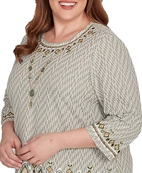 Alfred Dunner Plus Mount Laurel Textured Medallion Bordered Top with Necklace