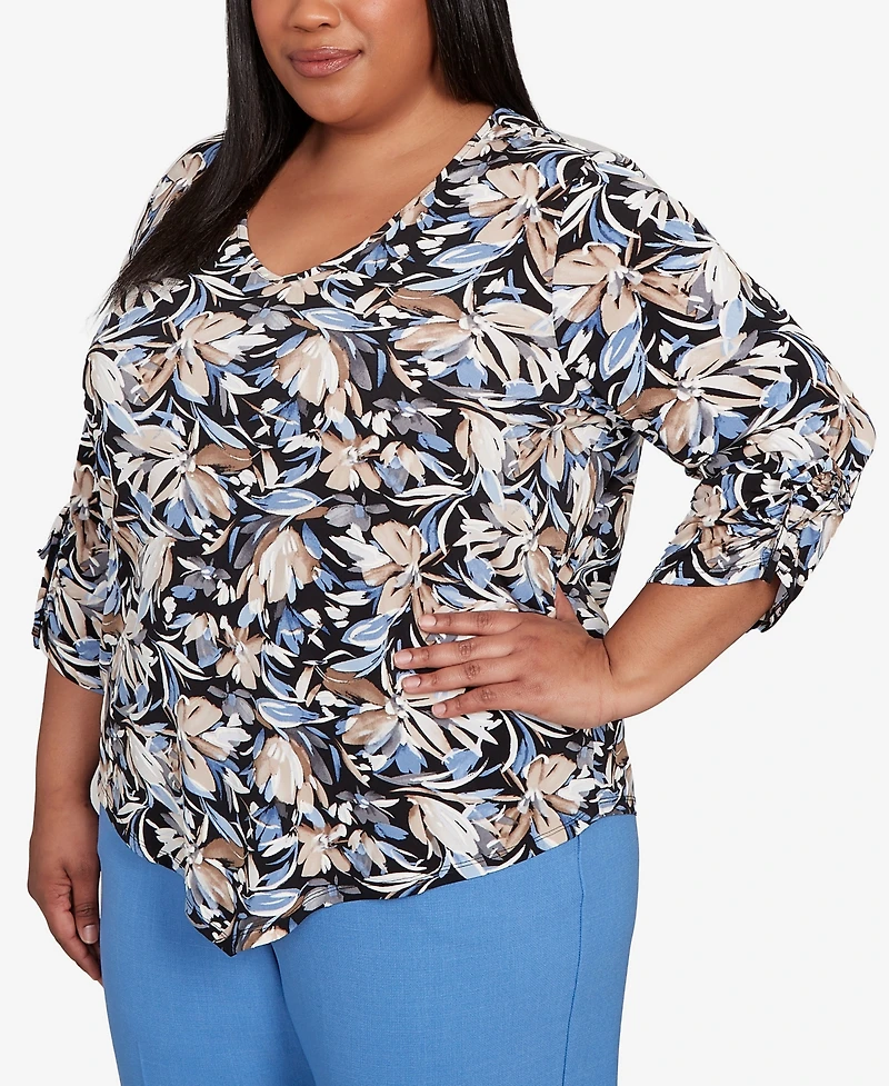 Alfred Dunner Plus As Usual Tie Sleeve Brushstroke Floral Knit Top