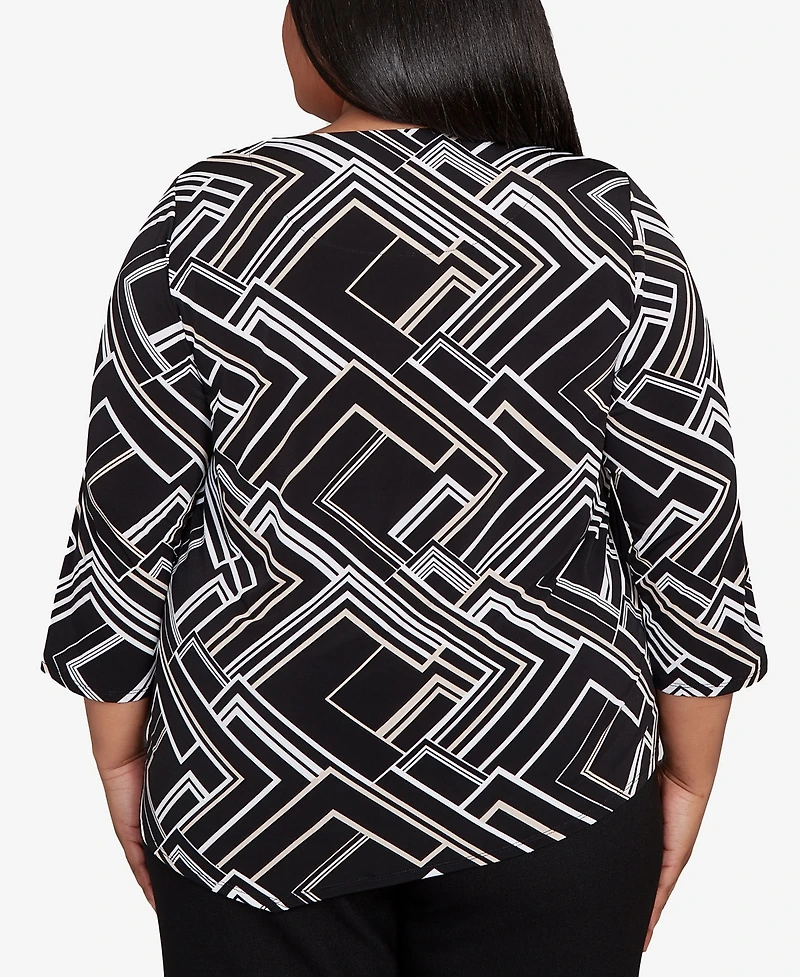 Alfred Dunner Plus As Usual Geometric Textured Top with Necklace