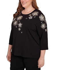 Alfred Dunner Plus As Usual Gold Floral Embroidered Three Quarter Sleeve Top