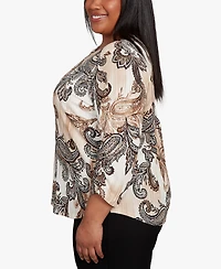 Alfred Dunner Plus Textured Paisley Ruched Sleeve Top