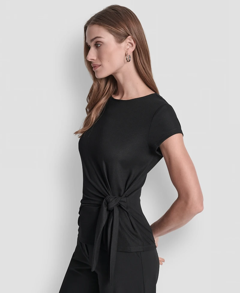 Dkny Women's Short Sleeve Rib Knit Waist Tie Detail Top
