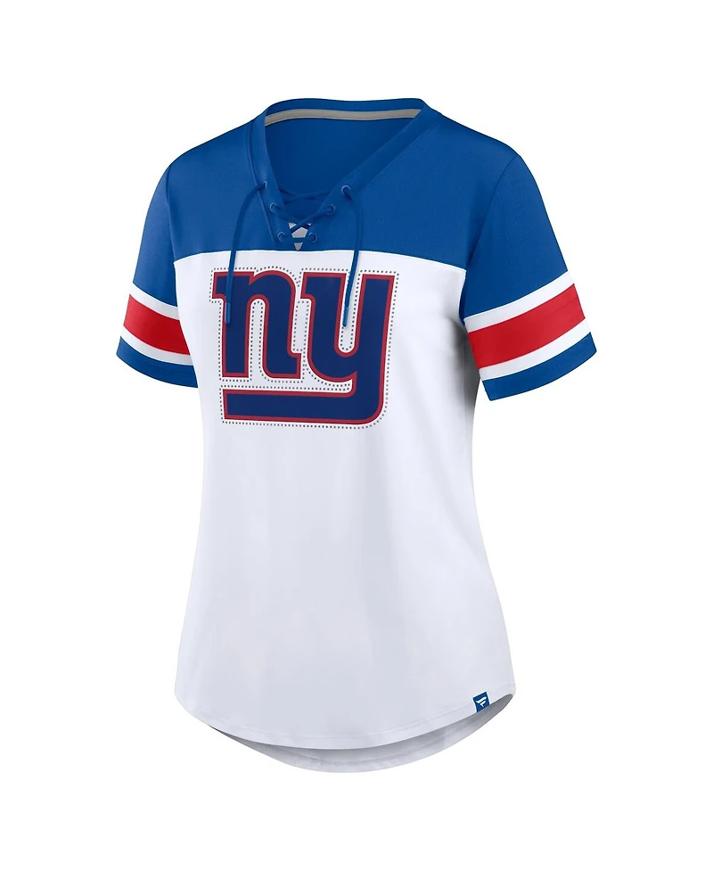 Fanatics Women's White/Royal New York Giants Athena Rhinestone Lace-Up V-Neck T-Shirt