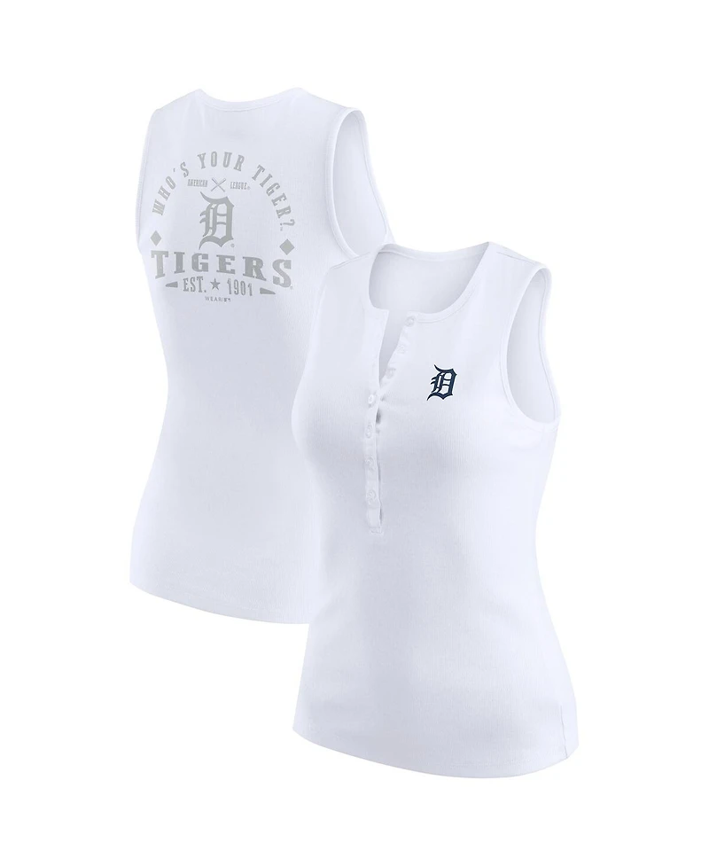Wear by Erin Andrews Women's White Detroit Tigers Rib-Knit Henley Tank Top
