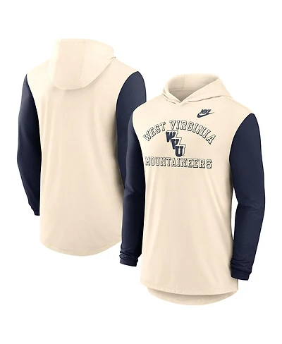 Nike Men's Natural/Navy West Virginia Mountaineers Legacy Color-Block Tri-Blend Performance Long Sleeve Hoodie T-Shirt