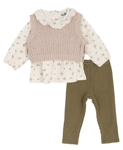 Rare Editions Baby Girls 3-Piece Knit Vest, Floral Top and Ribbed Leggings Set