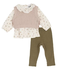 Rare Editions Baby Girls 3-Piece Knit Vest, Floral Top and Ribbed Leggings Set