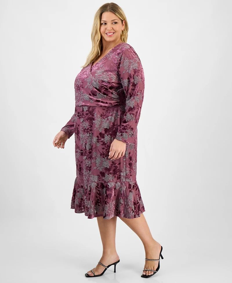 London Times Plus Floral Long-Sleeve Flounce-Hem Midi Dress