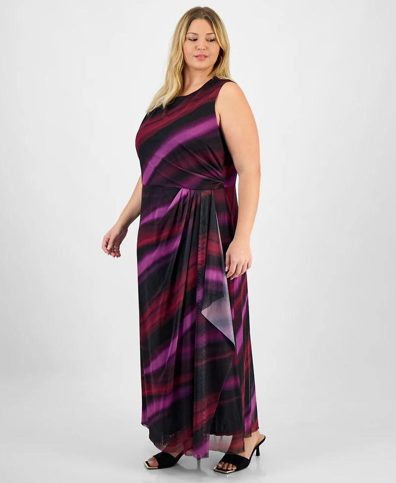 London Times Plus Floral Long-Sleeve Flounce-Hem Midi Dress