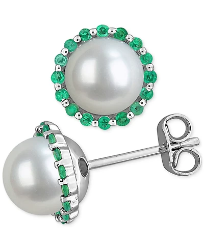 Cultured Freshwater Pearl (7mm) & Emerald (3/8 ct. t.w.) Halo Stud Earrings in Sterling Silver