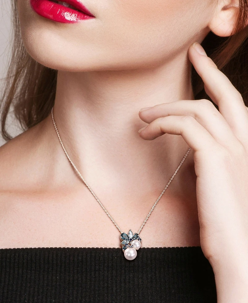 Cultured Freshwater Pearl (7 & 8-1/2mm), Blue Topaz (2-1/3 ct. t.w.) & Sapphire (3/8 ct. t.w.) Cluster 18" Pendant Necklace in Sterling Silver