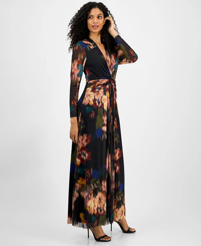 Anne Klein Women's Printed Twist-Front Long-Sleeve Maxi Dress