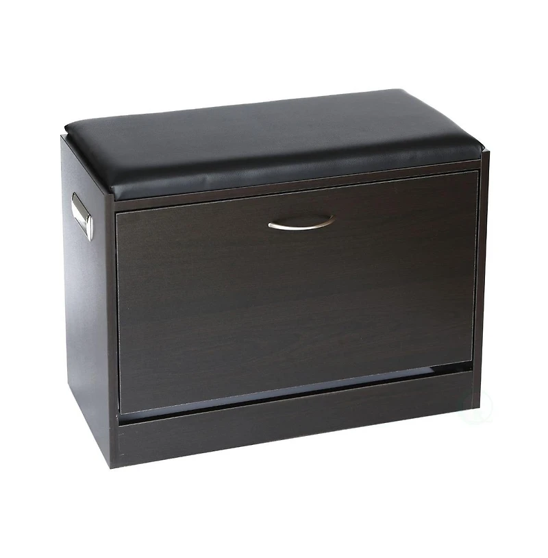 Basicwise Black Wooden Fold-out Shoe Organizer - Shoe Storage Bench with Leather Cushion