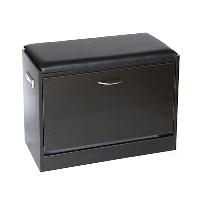 Basicwise Black Wooden Fold-out Shoe Organizer - Shoe Storage Bench with Leather Cushion