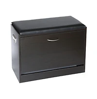 Basicwise Black Wooden Fold-out Shoe Organizer - Shoe Storage Bench with Leather Cushion