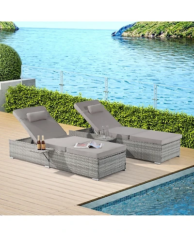 Outdoor Chaise Lounge Chair Set of 2 with Patio Pool Chairs Tanning Lounges for Outside,Beach Rattan Recliners with Adjustable Backrest, Table, Cushio