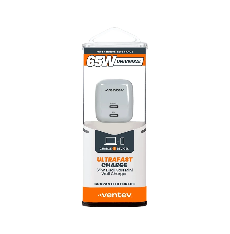 Ventev 65W Ultrafast Usb C Universal Dual GaN Mini Wall Charger-White