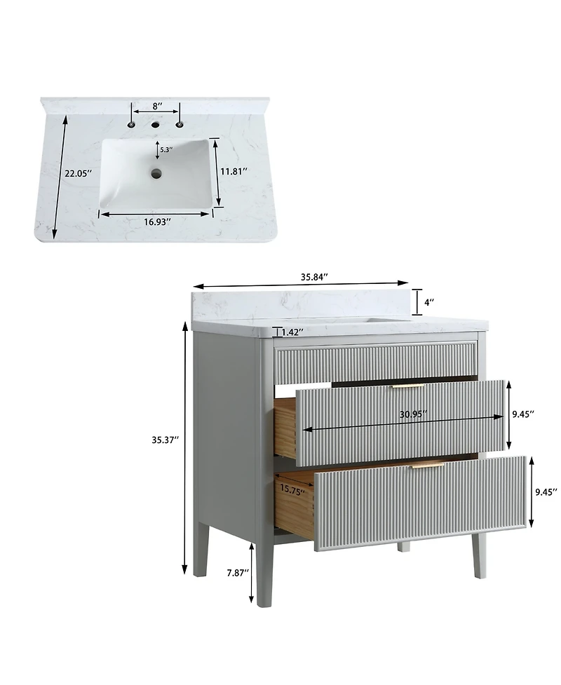 Casainc Fully Assembled 36" Freestanding Single Sink Bathroom Vanity with 2 Handle Sets and Engineered Marble Top