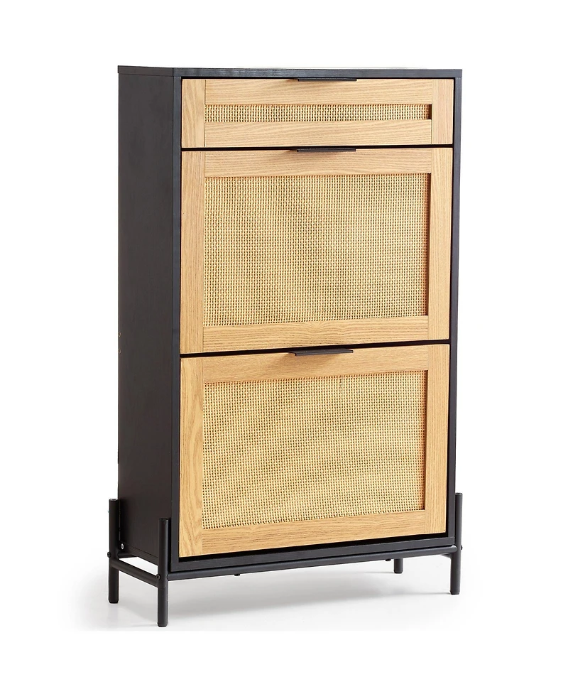 Slickblue Narrow Rattan Shoe Cabinet with 2 Flip Drawers and 1 Slide Drawer, Metal Legs