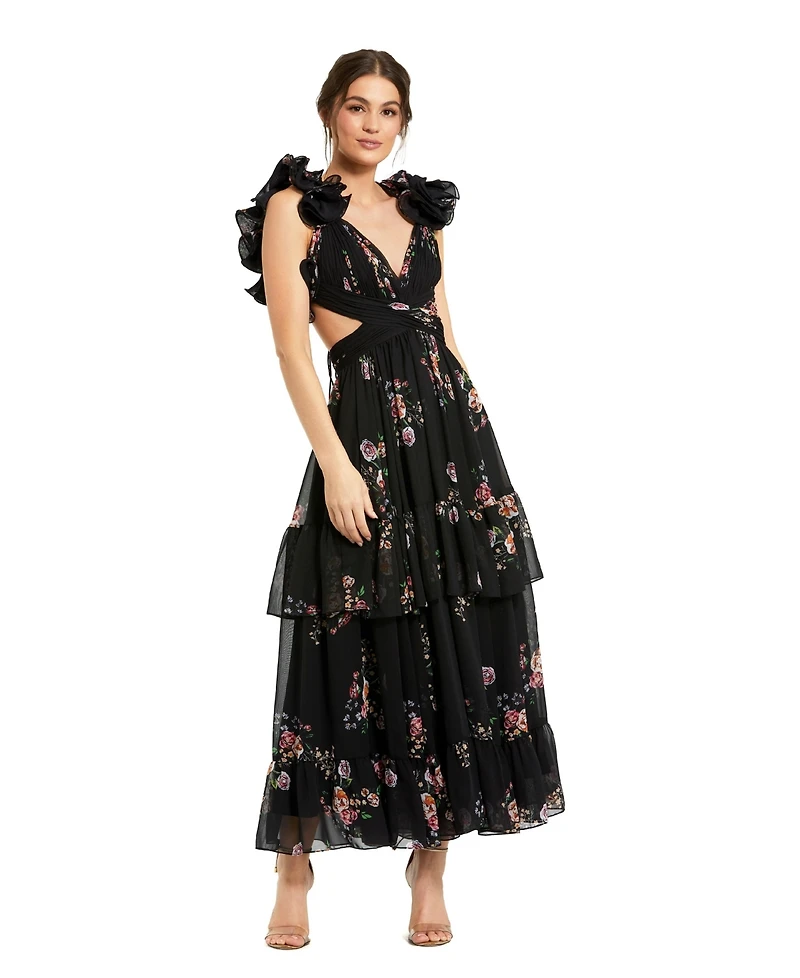 Mac Duggal Women's Tiered Floral Chiffon Lace-up Dress