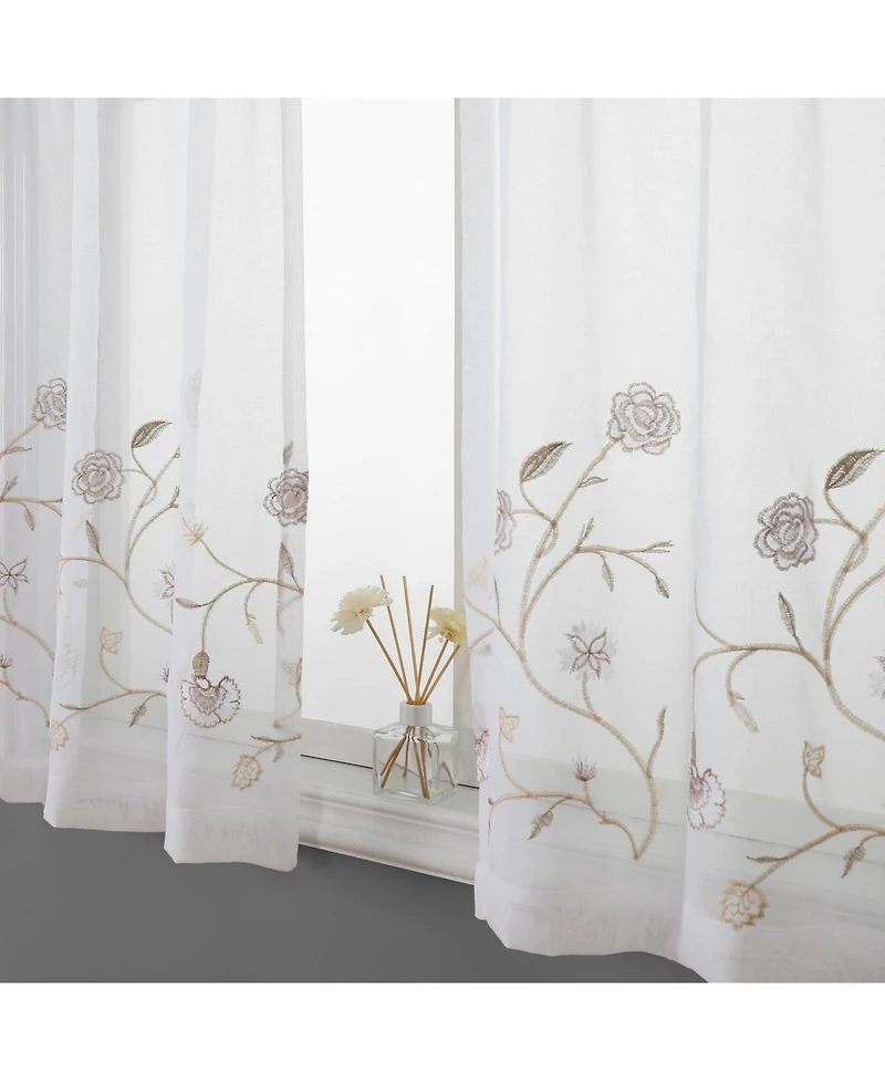 Kate Aurora Complete 3 Piece Embroidered Shabby Floral Roses Sheer Cafe Kitchen Curtain Tier & Valance Set - Neutral/Linen