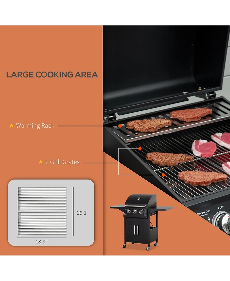 Outsunny 3 Burner Gas Grill w/ Wheels, Storage Shelves, Thermometer,