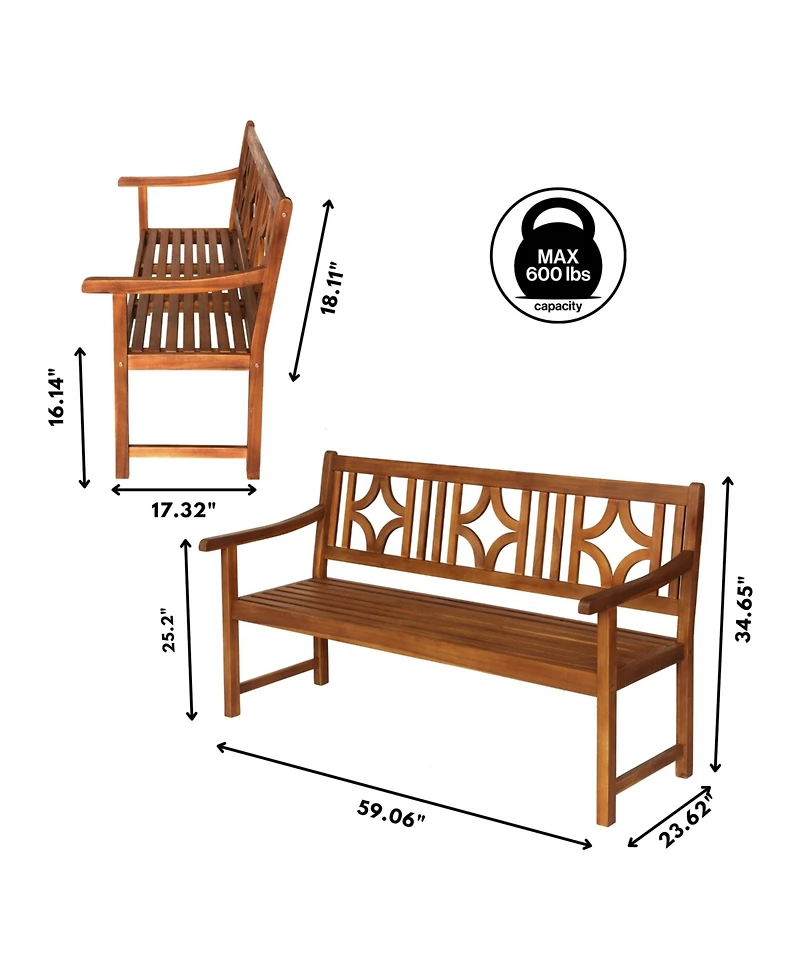 Sloane 59.1" 3-Seat Ogee Diamond-Back 600-Lbs Support Acacia Wood Outdoor Garden Patio Bench