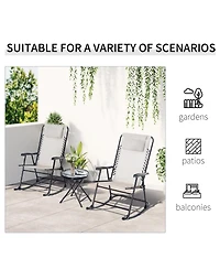 Outsunny 3 Piece Outdoor Rocking Bistro Set, Patio Folding Chair Table Set with Glass Coffee Table for Yard, Patio, Deck, Backyard, Cream White