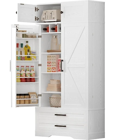 Ironck Kitchen Pantry 72" Height, with Hanging Shelves, Drawers, White