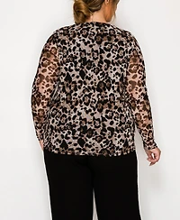 Coin 1804 Plus Leopard Mesh Scoop Neck Long Sleeve Top