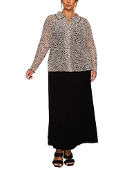 Coin 1804 Plus Leopard Mesh Button Front Long Sleeve Top