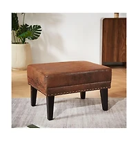The Pop Home Vintage Upholstered Ottoman with Nailhead Trim, Distressed Brown Footstool with Solid Wood Legs-The Pop Home