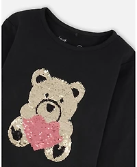 Deux par Girl Black Cotton T-Shirt with Reversible Sequin Teddy Bear - Child