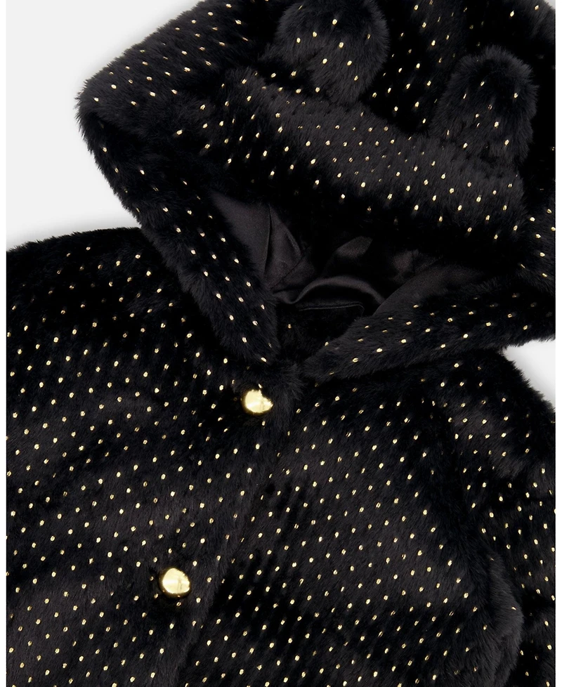 Deux par Girl Bear Faux Fur Coat Black with Gold Polka Dots - Toddler|Child