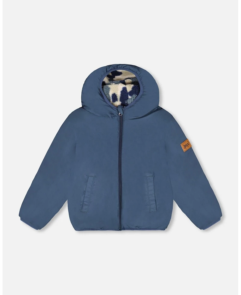 Deux par Kids Unisex Reversible Mid-Season Sherpa Jacket Blue Camo