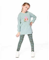 Deux par Girl Hooded Tunic Sage Green with Owl Print