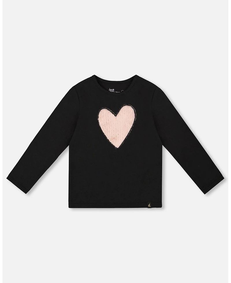 Deux par Girl Cotton Long Sleeve T-Shirt Black with Heart