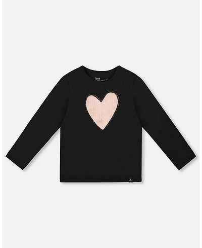 Deux par Girl Cotton Long Sleeve T-Shirt Black with Heart