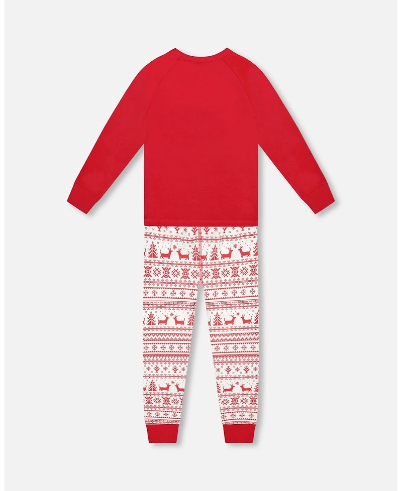 Deux par Kids Unisex Cotton Two-Piece Pajama Set Red and White Fairisle