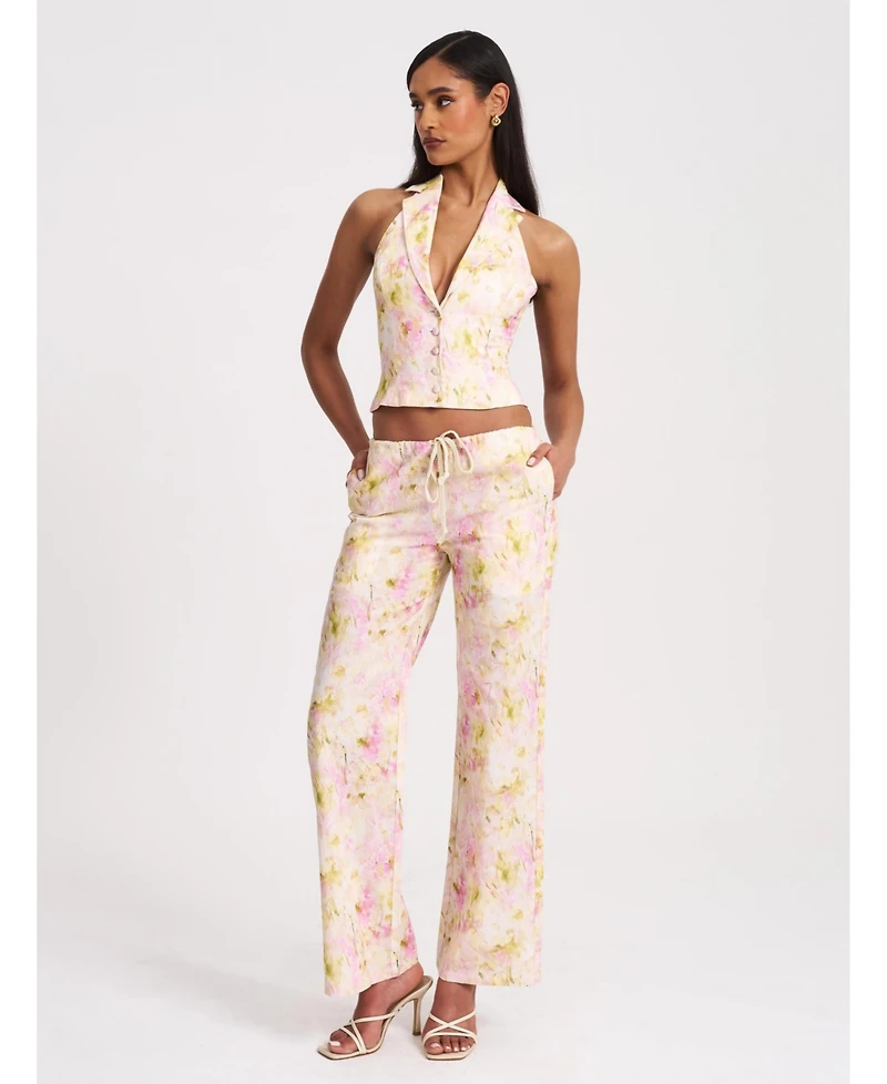 Miss Circle Women Lauren Pink Floral Print Ruched Back Linen Suit Vest