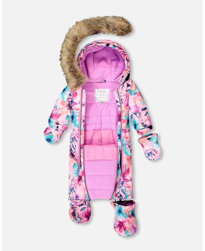 Deux par Baby Girl One-Piece Play Snowsuit Designed for Car Seat Pink Watercolor Flower Print - Baby|Toddler
