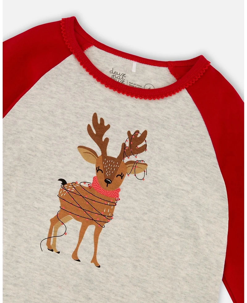 Deux par Baby Girl Cotton Two-Piece Pajamas Beige Girly Reindeer Print