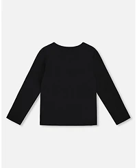 Deux par Girl Long Sleeve Cotton Jersey Bow Tee Black