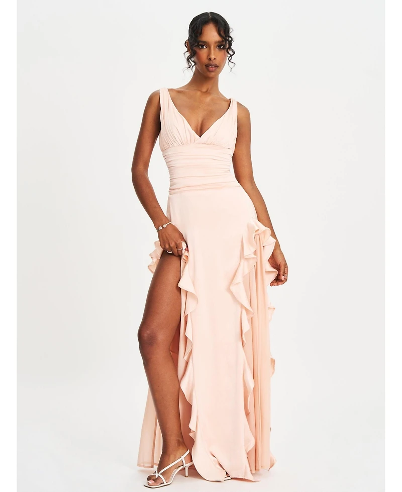 Miss Circle Women Talyssa Baby Pink Ruched Waist Double High Slit Maxi Gown
